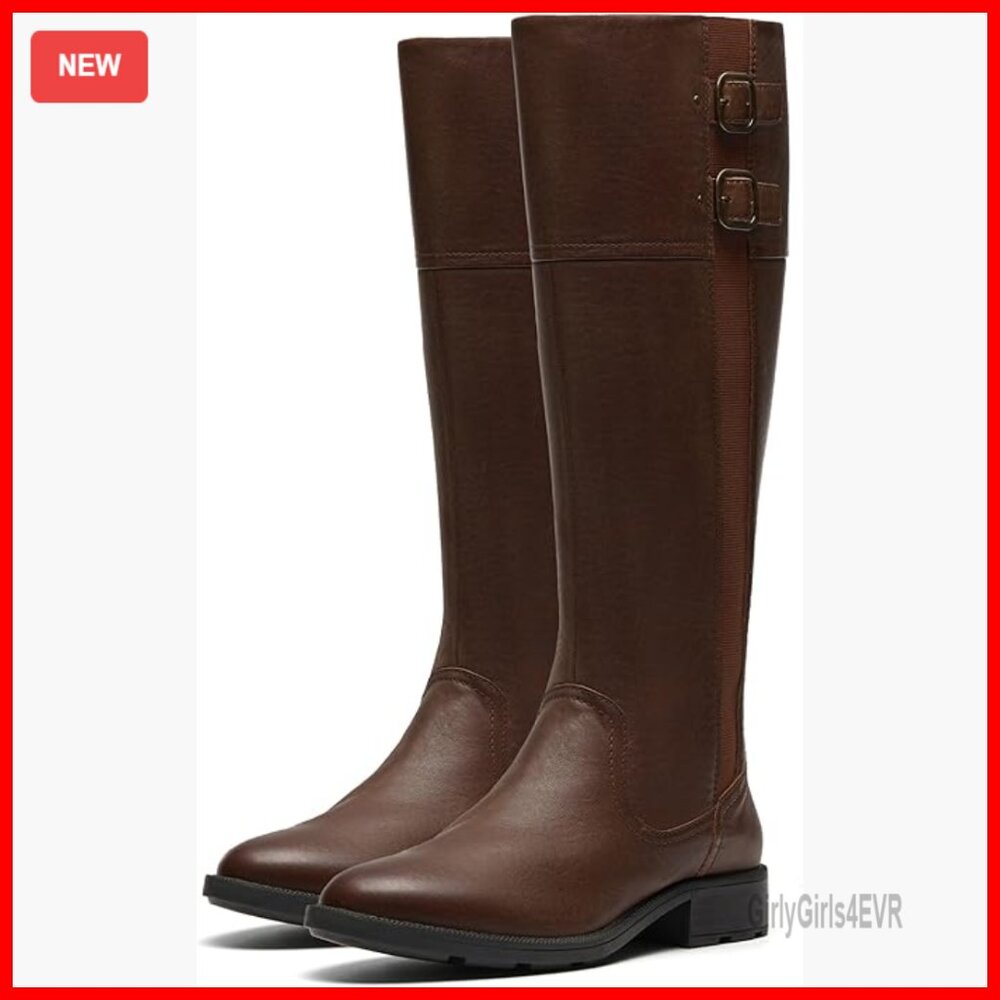 Leather Knee-High Boots With Block Heel, Zip Closure, Adjustable Buckles
